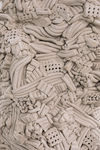 ___'White'___ (detail), Unfired white clay on board, Sculpture: 49 x 35 x 35 cm, Wooden board: 12 x 43 x 43 cm, 2022